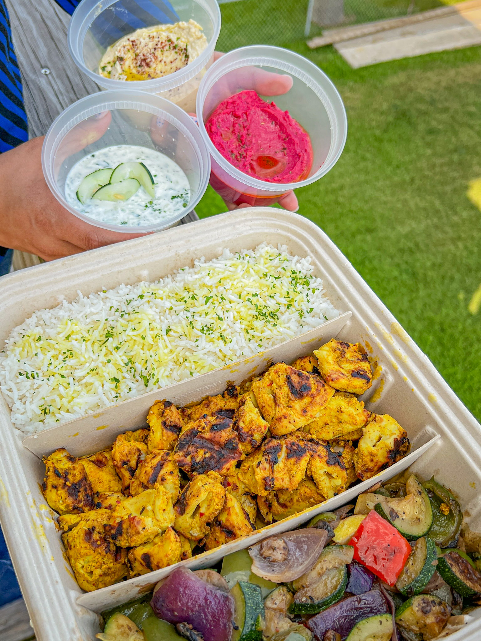 A Portara family meal pack with chicken kabob, rice, grilled vegetables, hummus, tzatziki, and beet hummus.